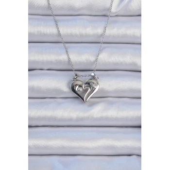316L Çelik Zincir Gümüş Renk Zirkon Taşlı Mıknatıslı Kalp Kolye