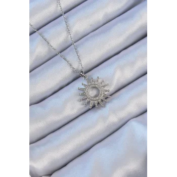 316L Çelik Zincir Gümüş Renk Zirkon Taşlı Parlayan Güneş Kolye