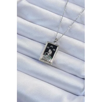 316L Çelik Zincir Gümüş Renk Zirkon Taşlı Siyah Mineli Kız Figürlü Tarot Kolye