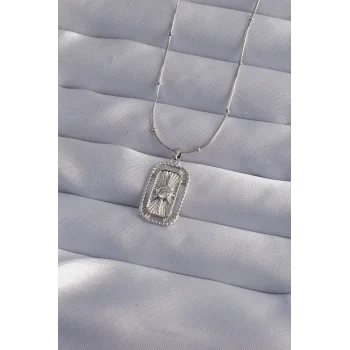 316L Çelik Zincir Gümüş Renk Zirkon Taşlı Tarot Kolye