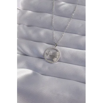 316L Çelik Zincir Gümüş Renk Zirkon Taşlı Yıldız Figürlü Oval Kolye