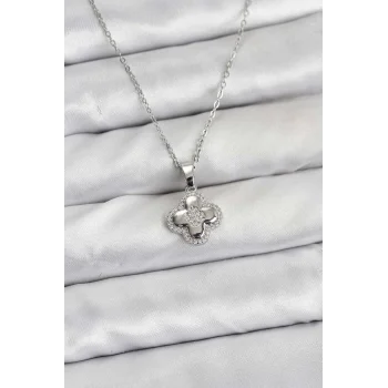 316L Çelik Zincir Gümüş Renk Zirkon Taşlı Yonca Model Kadın Kolye