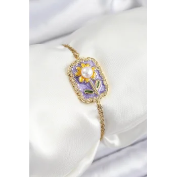 316L Çelik Zincir Mor Mineli Sanatsal Portre İnci Detaylı Papatya Model Gold Renk Kadın Bileklik