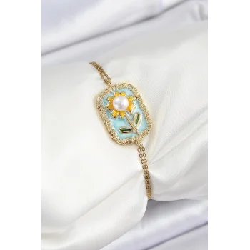 316L Çelik Zincir Turkuaz Mineli Sanatsal Portre İnci Detaylı Papatya Model Gold Renk Kadın Bileklik