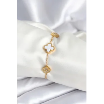 316L Çelik Zincir Zirkon Taşlı Yonca Beyaz Kadın Bileklik