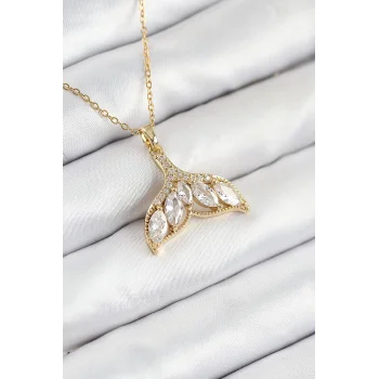 316L Çelik Zirkon Taşlı Balık Kuyruğu Model Gold Renk Kadın Kolye