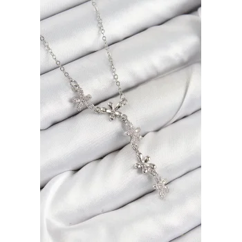 316L Çelik Zirkon Taşlı Çiçek Model Gümüş Renk Kadın Kolye