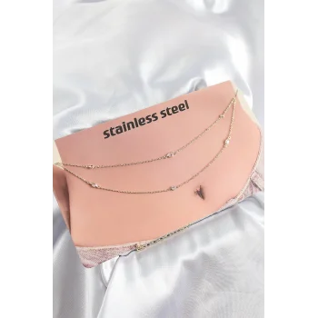 316L Çelik Zirkon Taşlı Damla Model Gold Renk Göbek Bel Zinciri