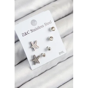 316L Çelik Zirkon Taşlı Deniz Yıldızı Model Gümüş Renk Kadın Set Küpe