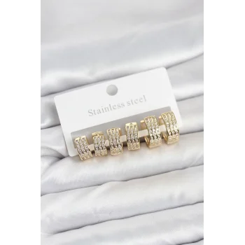 316L Çelik Zirkon Taşlı Gold Halka Küpe Seti