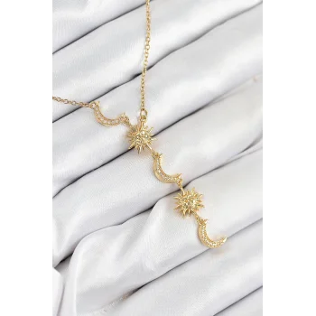 316L Çelik Zirkon Taşlı Güneş Ve Ay Model Gold Renk Kadın Kolye