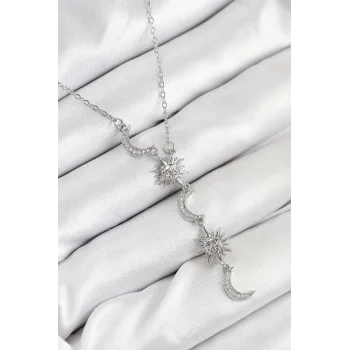 316L Çelik Zirkon Taşlı Güneş Ve Ay Model Gümüş Renk Kadın Kolye