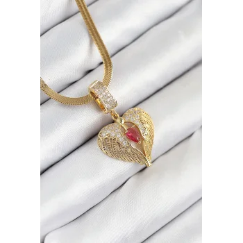 316L Çelik Zirkon Taşlı Kanatlı Kalp Model Gold Renk Kadın Kolye