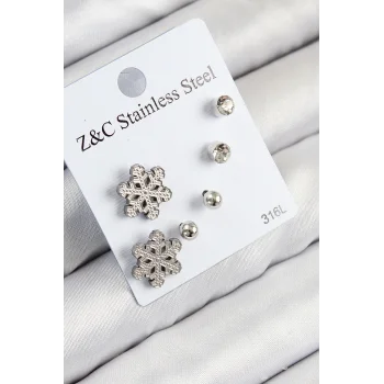 316L Çelik Zirkon Taşlı Kar Tanesi Model Gümüş Renk Kadın Set Küpe