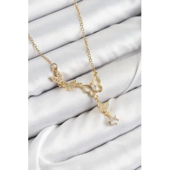 316L Çelik Zirkon Taşlı Kelebek Model Gold Renk Kadın Kolye