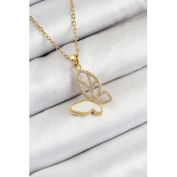 316L Çelik Zirkon Taşlı Kelebek Model Gold Renk Kadın Kolye
