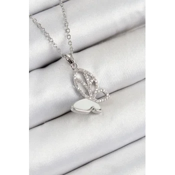 316L Çelik Zirkon Taşlı Kelebek Model Gümüş Renk Kadın Kolye