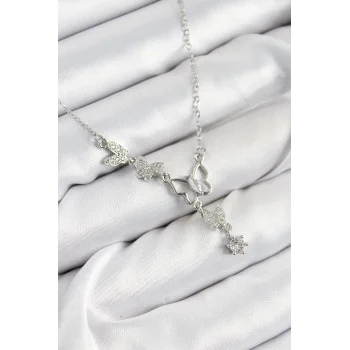 316L Çelik Zirkon Taşlı Kelebek Model Gümüş Renk Kadın Kolye