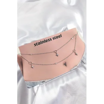 316L Çelik Zirkon Taşlı Kutup Yıldızı Model Gümüş Renk Göbek Bel Zinciri