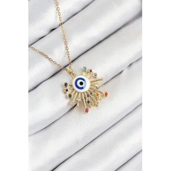 316L Çelik Zirkon Taşlı Nazar Model Gold Renk Kadın Kolye