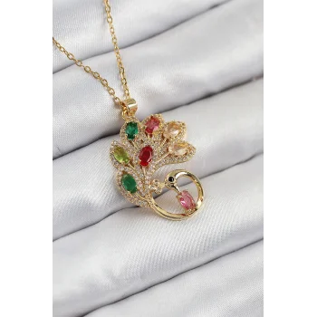 316L Çelik Zirkon Taşlı Tavus Kuşu Model Gold Renk Kadın Kolye