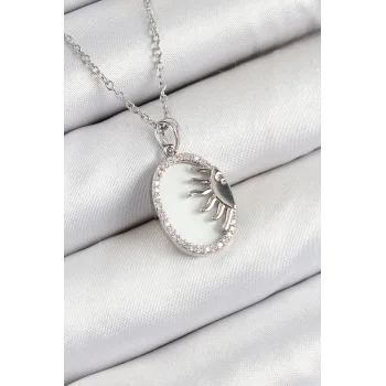 316L Çelik Zirkon Taşlı Yarım Güneş Model Gümüş Renk Kadın Kolye