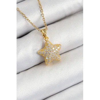 316L Çelik Zirkon Taşlı Yıldız Model Gold Renk Kadın Kolye