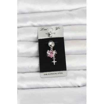 316L Cerrahi Çelik Pembe Zirkon Taşlı Model Göbek Piercing