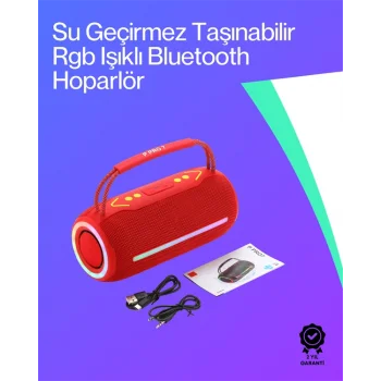 360 RGB LEDli Taşınabilir Bluetooth Hoparlör – Kırmızı, USB/TF Destekli