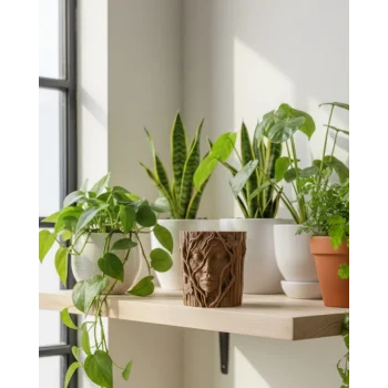 3D Ağaç Gövdesi Formlu Yüz Figürlü Dekoratif Saksı Sanatsal Tasarım Vazo