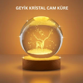 3D Geyik Desenli Kristal Küre USB Işıklı Ahşap Tabanlı Oda Lambası