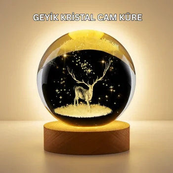 3D Lazer İşlemeli Geyik Kristal Küre Sıcak Işıklı Gece Aydınlatması