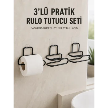 3’lü Yapışkanlı Tuvalet Kağıdı Tutucu Seti Siyah Duvar Tipi Rulo Kağıtlık