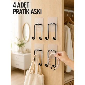 4 Adet Yapışkanlı Duvar Askısı Çok Amaçlı Pratik Askılık Seti