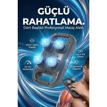 4 Başlıklı Masaj Tabancası - Ergonomik Derin Doku Sırt ve Boyun Masaj Aleti Ağrı ve Sızı Giderici
