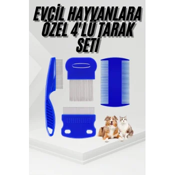 4lü Bit Pire Tarağı Set Kedi Köpek Evcil Hayvan Tüy Toplayıcı Mavi