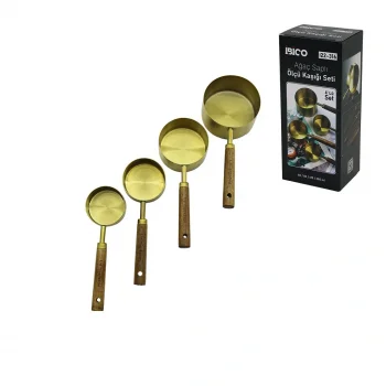 4 PCS GOLD METAL ÖLÇÜ KAŞIK SETİ OTANTİK AĞAÇ KULP 250ML - 125ML - 80ML - 60ML (5047)