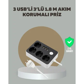 4 Prizli 3 USB Portlu Anahtarlı Akım Korumalı Priz