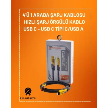 4ü 1 Arada USB Hızlı Şarj ve Veri Kablosu – 65W Güç, Çoklu Bağlantı, 1.2m