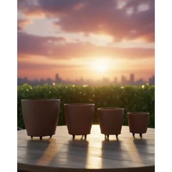 4’lü 3D Kahverengi Ayaklı Dekoratif Saksı Takımı Modern Tasarım