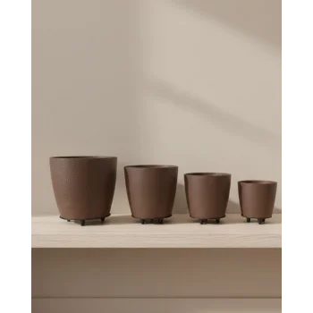 4’lü 3D Kahverengi Dekoratif Vazo Seti Modern Ayaklı Şık Saksı Takımı