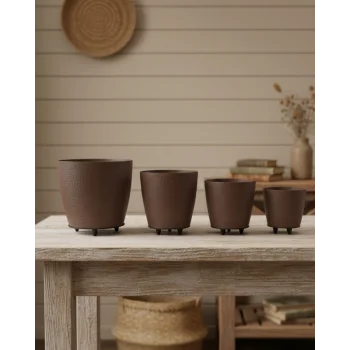 4’lü 3D Şık Kahverengi Vazo Seti Modern Ayaklı Saksı