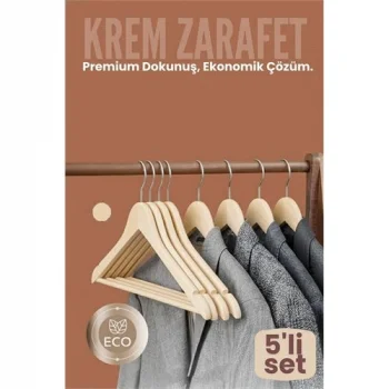 5li Lüks Krem Elbise Ceket Askısı - Ergonomik & Kaymaz Plastik Askı Seti -  Ahşap Görünümlü 722531