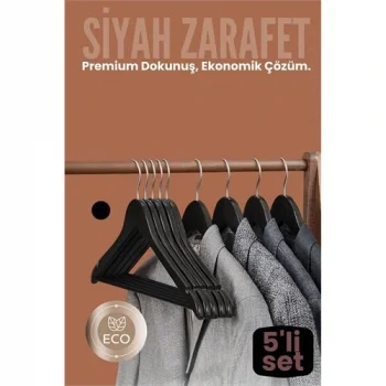 5li Lüks Siyah Elbise Ceket Askısı - Ergonomik & Kaymaz Plastik Askı Seti -  Ahşap Görünümlü