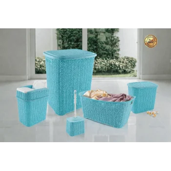 5 Parça Örgü Desenli Plastik Banyo Seti Çamaşır Sepeti Deterjanlık Çöp Kovası Klozet Fırçası - Mavi