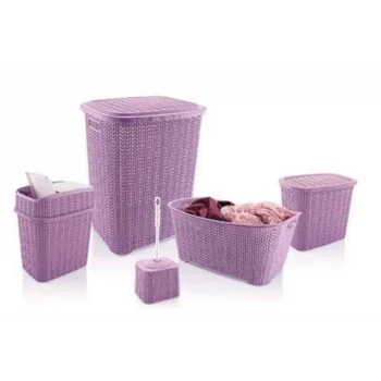 5 Parça Örgü Desenli Plastik Banyo Seti Çamaşır Sepeti Deterjanlık Çöp Kovası Klozet Fırçası - Mor