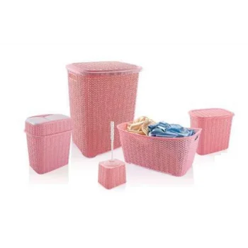 5 Parça Örgü Desenli Plastik Banyo Seti Çamaşır Sepeti Deterjanlık Klik Çöp Kovası Klozet Fırçası