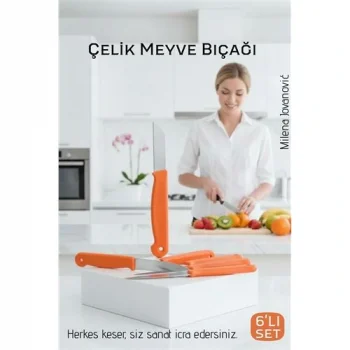 6lı Premium Paslanmaz Çelik Meyve Bıçağı Seti - Turuncu Saplı Keskin Soyma Bıçağı Takımı