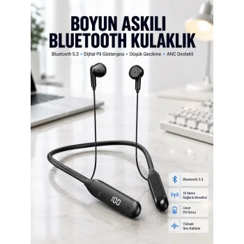 60 Saat Kablolu Boyun Askılı Dijital Göstergeli Bluetooth Kulaklığı Yeni Nesil