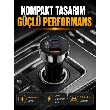 60W Araç İçi Hızlı Şarj Adaptörü Çift USB-C PD ve USB-A QC3.0